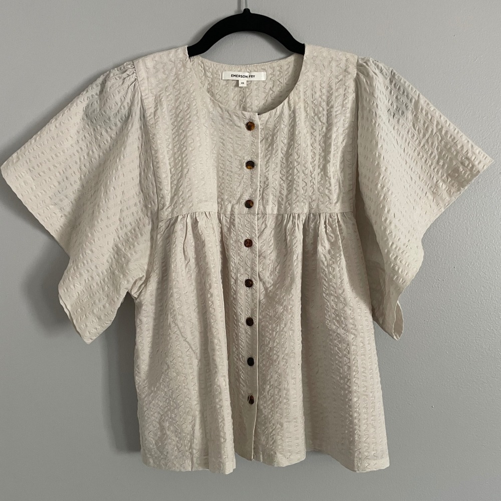 Emerson Fry Button Top Womens XS Seersucker Butterfly Sleeve Babydoll Boho USA